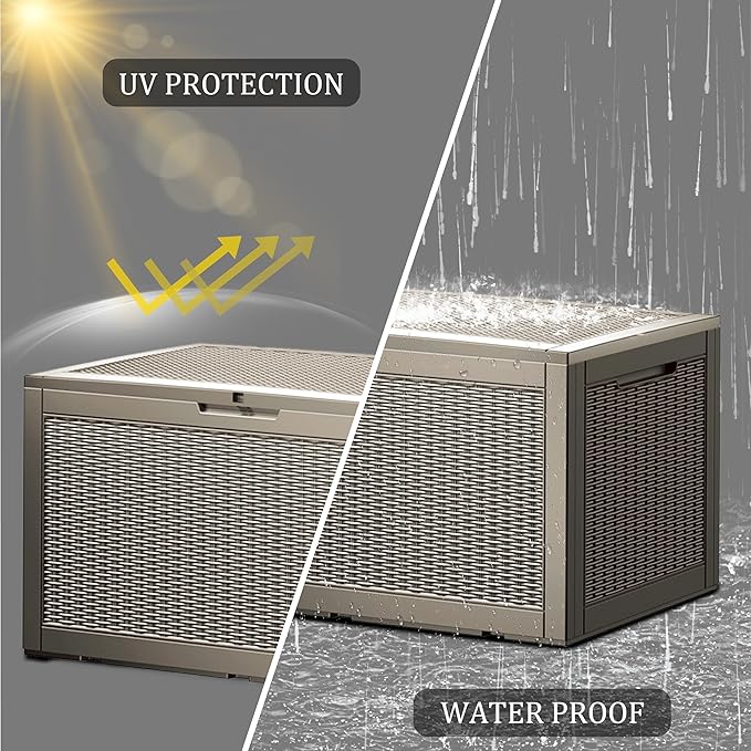 100 Gallon Resin Deck Box, Waterproof Outdoor Storage Box for Patio Furniture, Garden Tools, and Pool Accessories, Lockable UV-Resistant Storage Bin Bench Cabinet for Outside, Grey