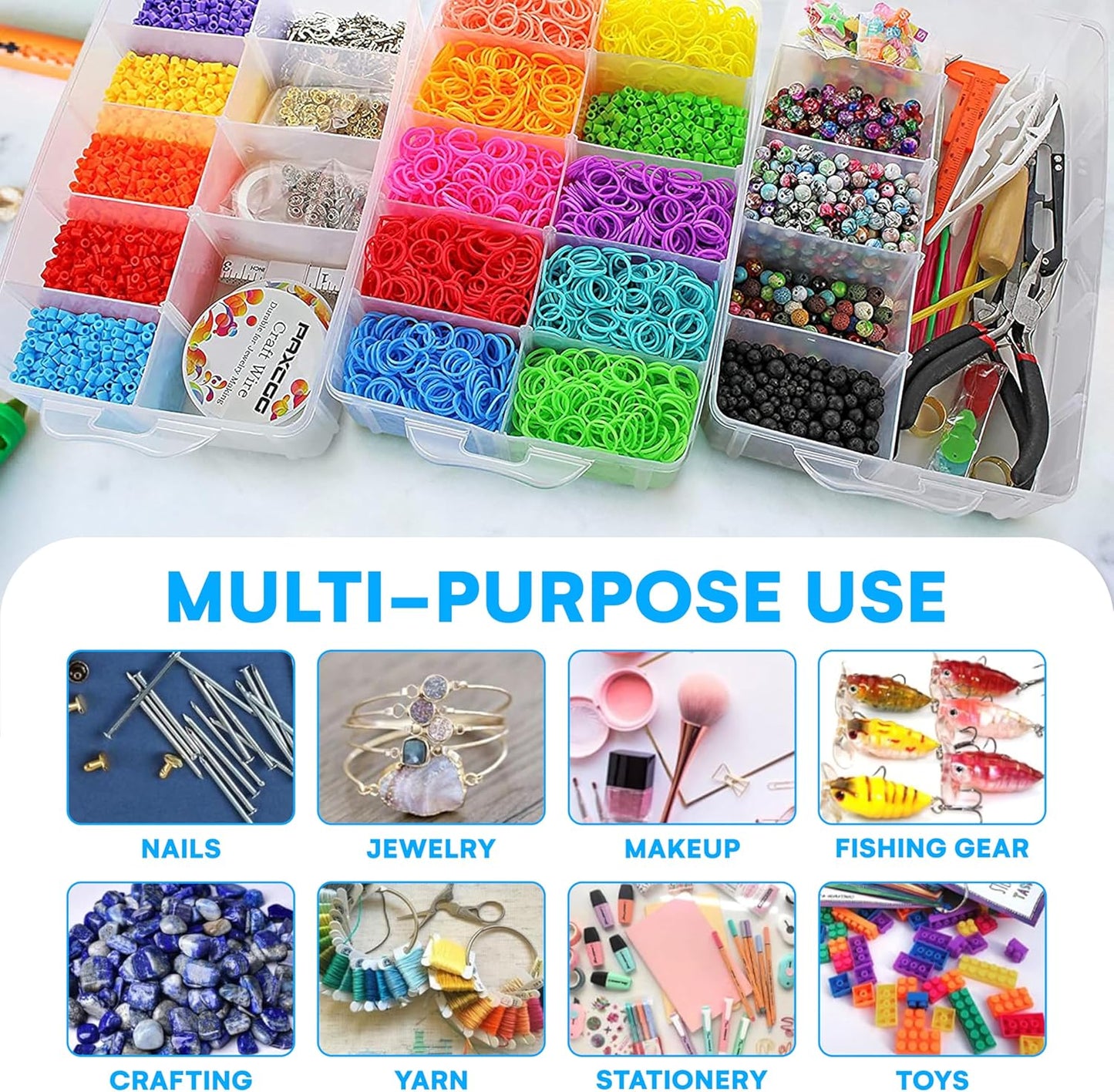 Bins & Things 3-Tier Stackable Storage Container - 30 Adjustable Slots Thread and Bead Organizer - Craft Box for Spools, Bobbins, Jewelry, Sewing, Art Supplies - Large, Clear