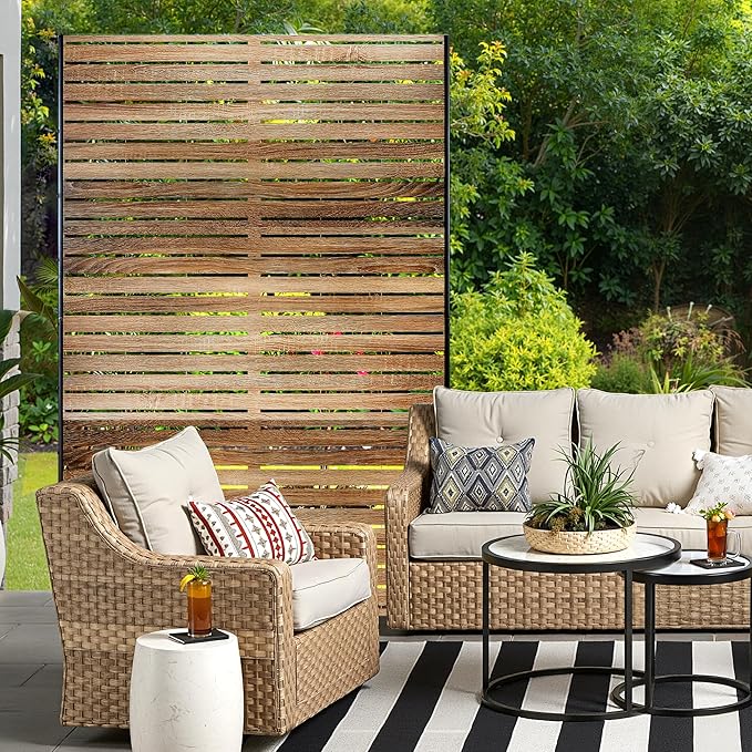 Metal Privacy Screen for Outdoor & Indoor Use, Free Standing Privacy Screen for Patio Garden Pool, 72" H x 47" W Decoative Privacy Panels, Weather Resistant, Easy Assembly (Oak Grain)