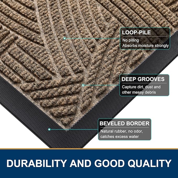 Smiry Front Door Mat Outside Entrance, Heavy Duty Sturdy Natural Rubber Doormat, Trap Dirt and Moisture, Easy Clean Low Profile Mats for Indoor Outdoor Entry, Interwoven Stripes (36x24, Brown)