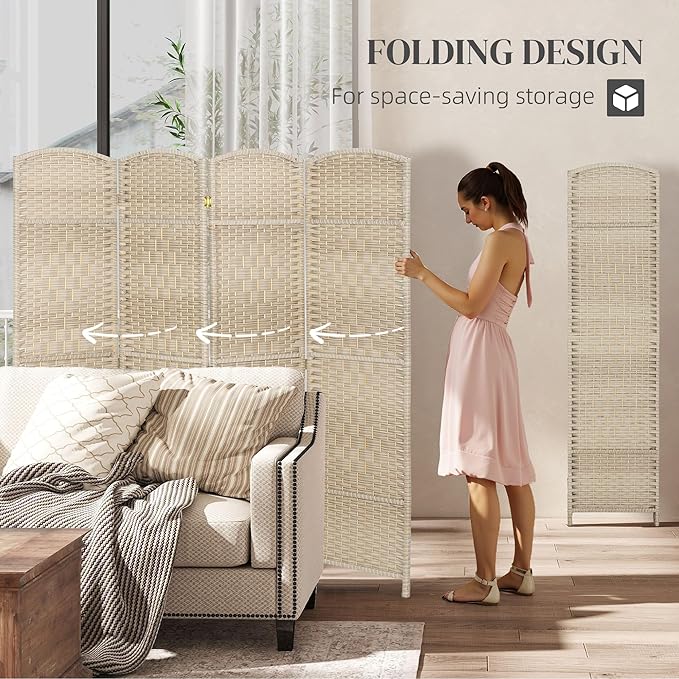 HOMCOM 4 Panel Room Divider, 6' Tall Folding Privacy Screen, Hand-Woven Freestanding Wall Partition for Home Office, Bedroom, Washed Oak