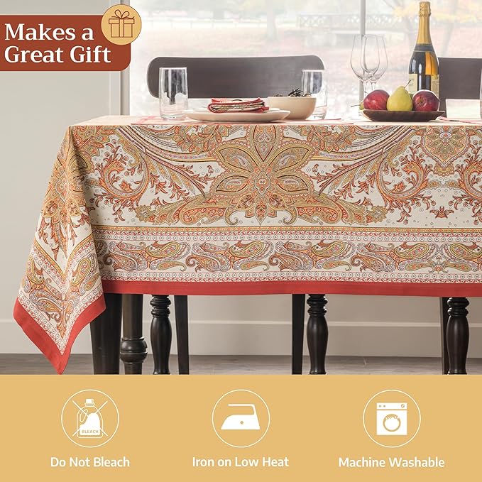 Maison d' Hermine Table Cloth Rectangle Table 100% Cotton 70 x 108 Inches Fall Tablecloth Reusable Everyday Use for Thanksgiving Christmas Decorations Dining Farmhouse Party (Kashmir Paisley)