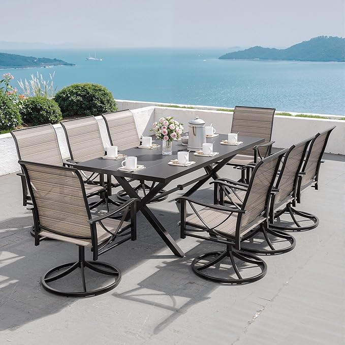 Kurapika 9-Piece Patio Dining Set, Patio Furniture Set for 8, Outdoor Large Metal Table with Umbrella Hole and Textilene Swivel/Rocking Chairs, for Garden, Deck, Porch, Pool All Weather, Brown
