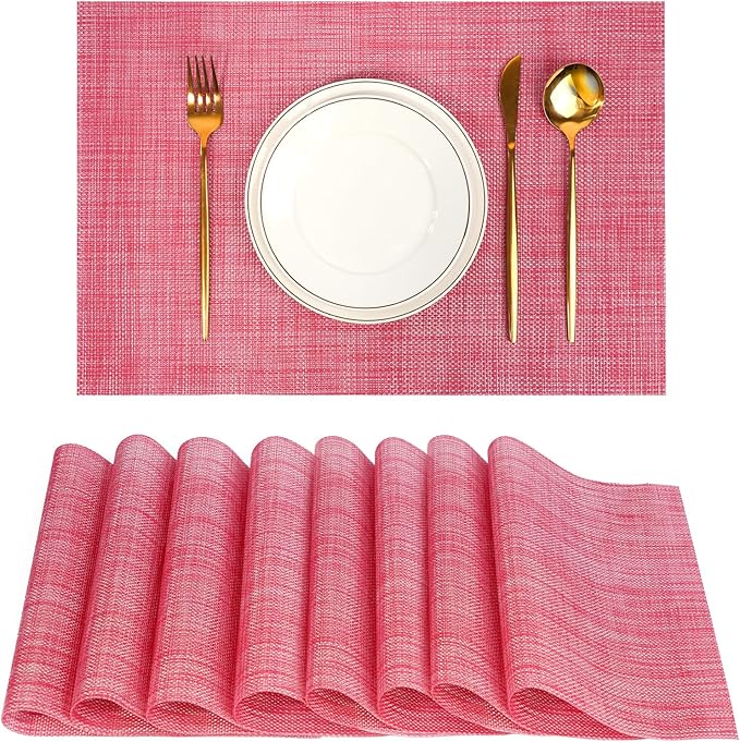 Placemats Set of 8，Christmas Decoration Non-Slip PVC Weave Table Mats Easy to Clean，Heat Resistant Place Mats for Kitchen Dining Table Decoration Indoor Outdoor，Red