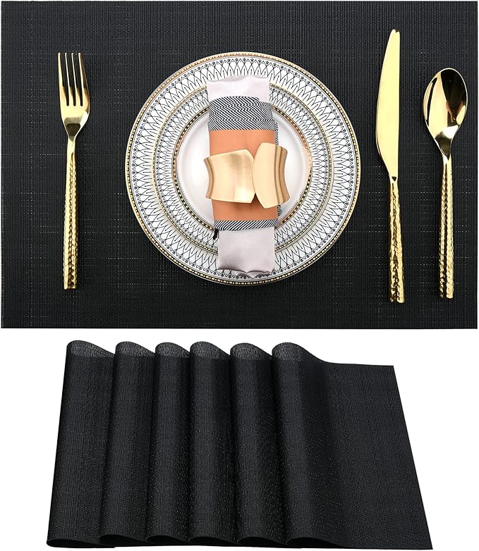 SLKQG Black Placemats Set of 6 - Easy Clean Washable Vinyl Placemats - Wipeable Heat Proof Table Mats for Dining Table - 17x12 Inch (Pure Black, 6)