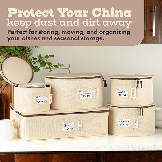 China Storage Hard Shell Containers 5-Piece Set Moving Boxes for Dinnerware, Glasses, Plates, Mugs and Saucers Sturdy Dish Organizer with Dividers for Seasonal Storage - Service for 12 - Beige