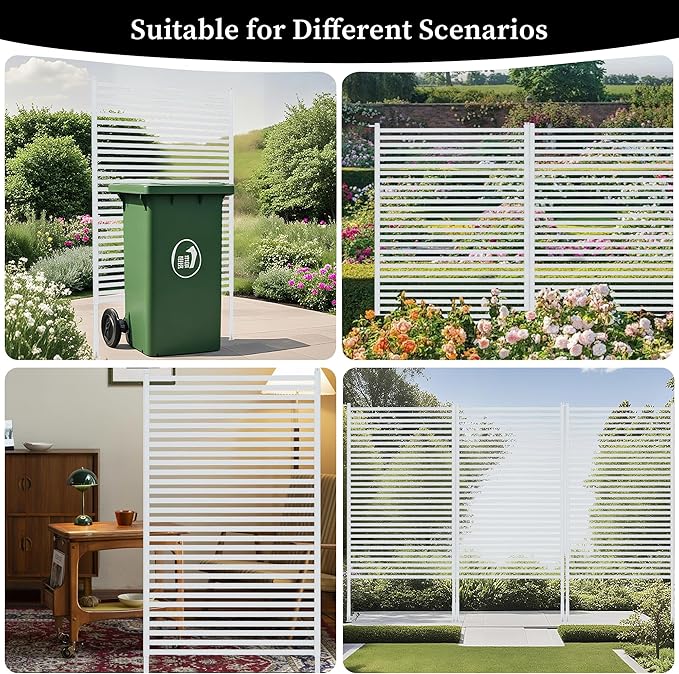 Outdoor Privacy Screen with Stand, Rustproof Metal Fence Panel, 35.43’’ x 71’’ PE-Coated Steel Slats, Decorative Privacy Fence for Patio, Garden, Backyard, Trash Can, White(1 Panel)