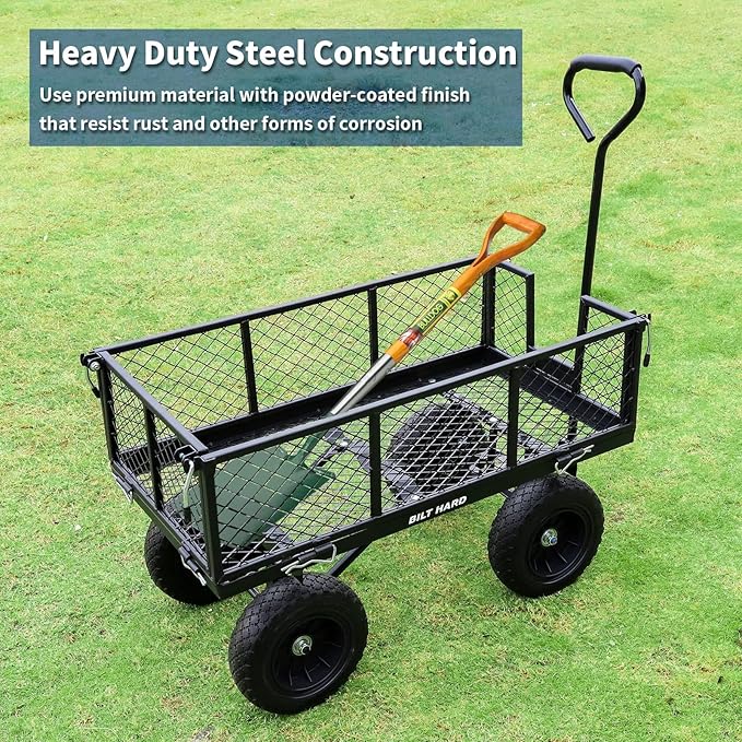 BILT HARD 880 lbs 10" Tires Steel Garden Cart with 180° Rotating Handle and Removable Sides, Heavy Duty 4 Cu.Ft Capacity Utility Garden Carts and Wagons, Black