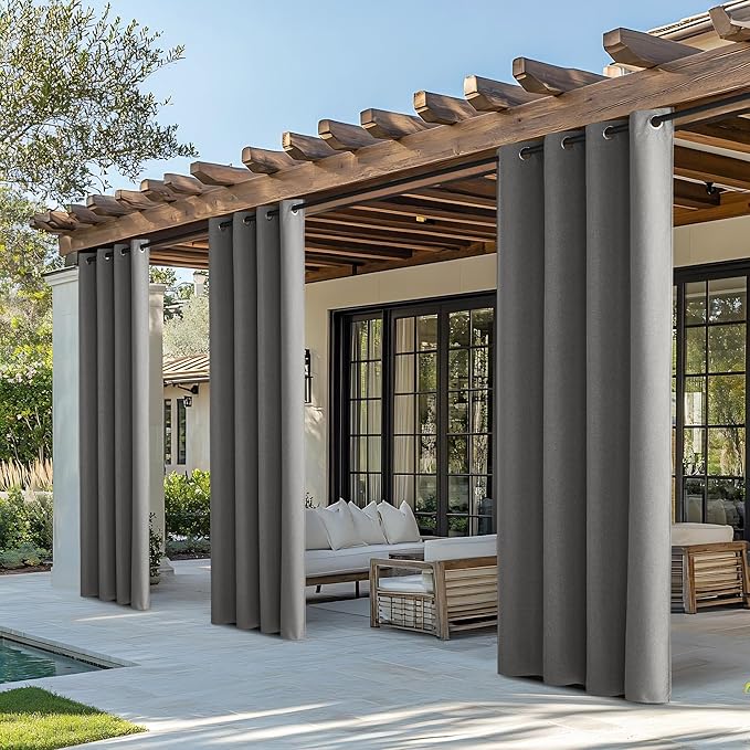 NICETOWN Blackout Outdoor Curtains for Patio Waterproof, 2 Panels 100% Light Blocking Linen Curtains Weatherproof, Indoor/Outside Privacy Sun Shades for Gazebo, Porch, Balcony, W52 x L108 inch, Grey