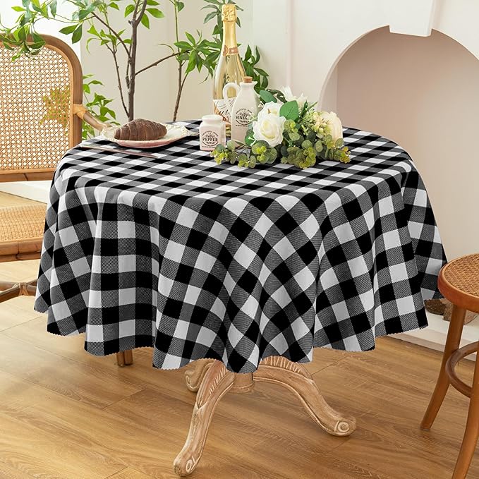 Waterproof Plaid Tablecloth Fabric - Round 90 Inch Classic Gingham Checker Table Cloth for Indoor/Outdoor Use - Buffalo Table Cover for Picnics, BBQs, and Parties