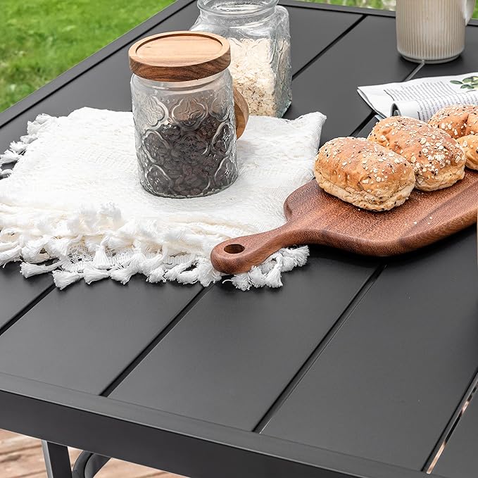 NUU GARDEN 37" Outdoor Patio Table, 4 Person Steel Slat Square Dining Table with 1.57" Umbrella Hole, Slatted Top and Powder Coated Iron Frame for Patio, Garden and Balcony, Black