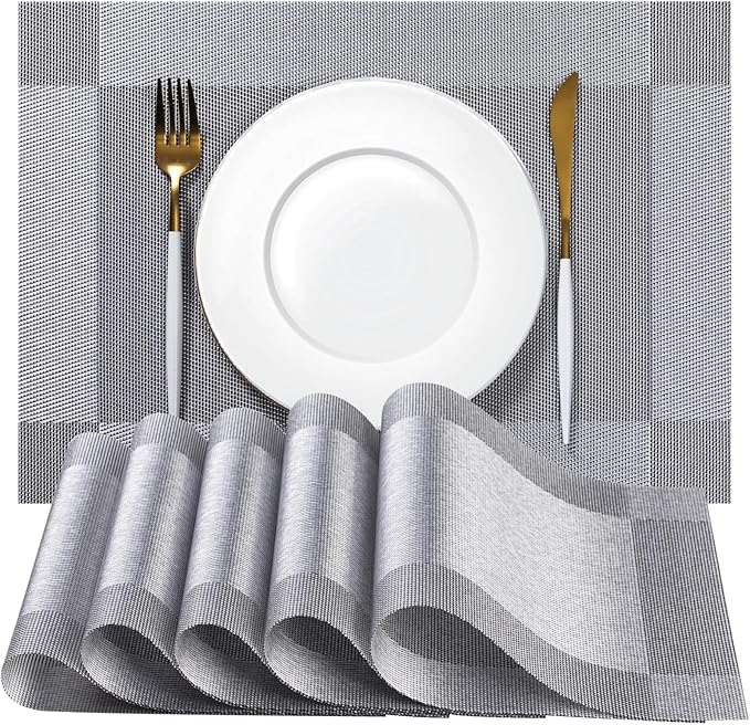 Placemats Set of 8 - Easy Clean Woven Vinyl Placemats for Dining Table, Indoor/Outdoor Place Mats, Washable PVC Table Mats （Silver Cube）