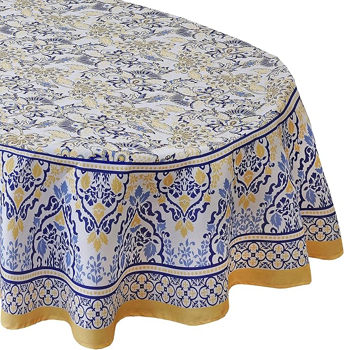 Home Bargains Plus Oval Fabric Tablecloth, 60 x 84 Inch, Allure Yellow and Blue Floral Bordered Print, Indoor Outdoor Stain and Water Resistant Table Cloth, Provence French Country