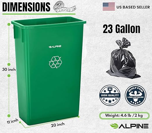 Alpine 23 Gallon Slim Trash Can - Open Top 3 Pack Slender Green Recycle Bin - Heavy Duty Plastic Garbage Bin for Homes, Offices and Other Commercial Space