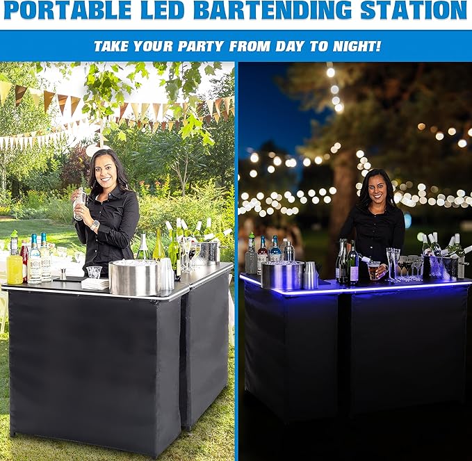 GoPong GoBar Portable Double Bar Table Set with Multi-Color LED Lights - Mobile Bartender Station for Events - Includes Carrying Case