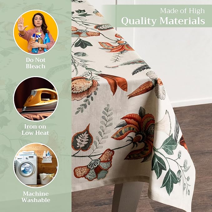 Maison d' Hermine Table Cloth Rectangle Table 100% Cotton 70 x 90 Inches Fall Tablecloth Reusable Everyday Use for Thanksgiving Christmas Decorations Dining Farmhouse Party (Dalida)