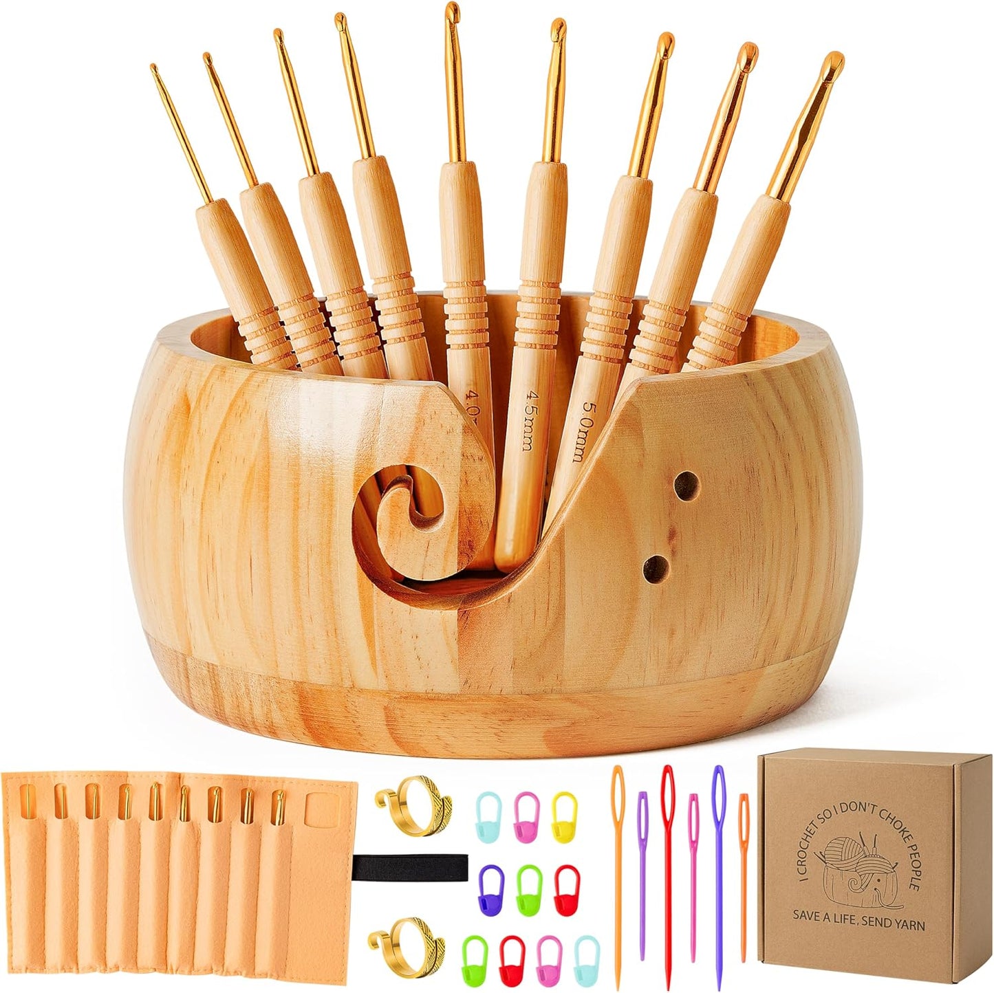 WATINC Wooden Yarn Bowl Holder Set - Large Crochet Yarn Storage Bowls with 9pcs Metal Knitting Hooks, Adjustable Loop Ring Stitch Markers with Box Crochet Gifts for Knitters Crocheters (Natural)