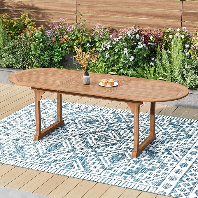 PHI VILLA Outdoor Acacia Wood Expandable Table for 6-8, Extendable Wooden Dining Table with Slat Design, Large Rectangular Farmhouse Dining Furniture for Patio, Deck, Porch, Backyard