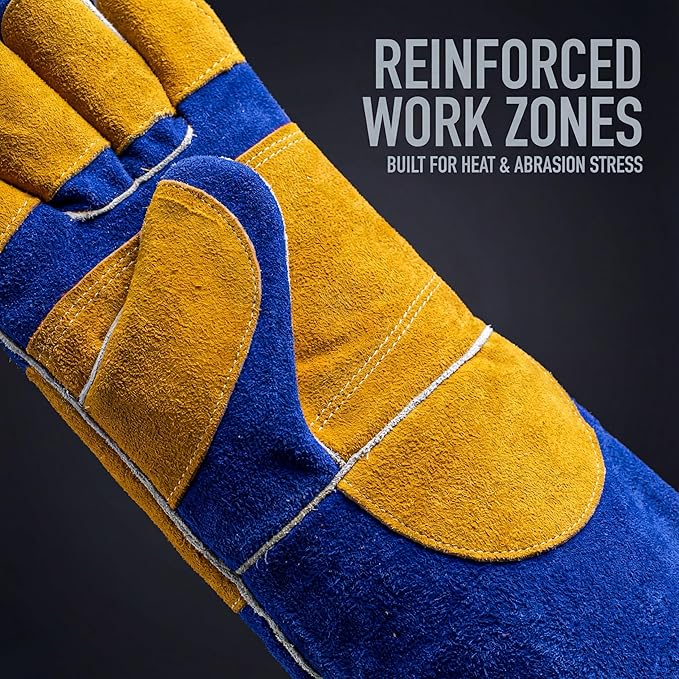 RAPICCA Welding Gloves Fire Heat Resistant: Blue 16IN 932℉ - Fireproof Leather For Stick Mig Flux-Core Welder Forge Blacksmith Fireplace Wood Stove Fire Pit Grill Oven Furnace Handling Dry Ice