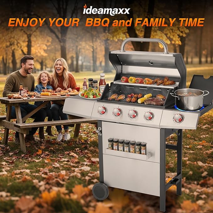 Griddle Grill Combo, Propane Gas and Charcoal Grill Combo, Outdoor BBQ Grills, 4 Burner Propane Stove with Griddle, Cast Iron Grates, Side Burner & Prep Space (4 burner&side burner combo)