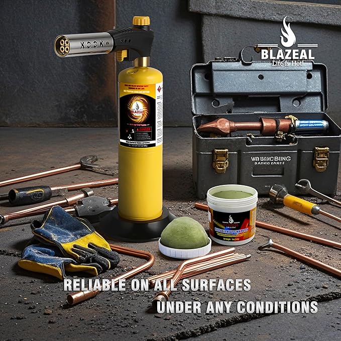 KOOKCOOK Propane Torch Head,Quad-Flame Blow Torch Kit with Propane Tank Base for MAPP MAP Gas,Work in All Angle,Trigger Start Torch Gun Ideal for Welding Brazing Soldering Grill Camping Cooking Food