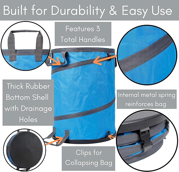 BIRDROCK HOME Collapsible Lawn and Leaf Waste Bag with Lid - 30 Gallon - Heavy Duty Reusable Camping Trash Can - Hardshell Bottom for Yard Debris, Garage Storage - Portable Garden Bin - Blue