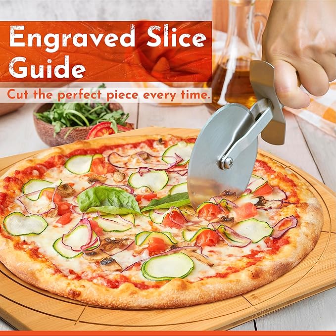 Loftern Wooden Pizza Peel 14 Inch Board with Engraved Sizes - Multi-Purpose Bamboo Pizza Cutting Board, Wood Pizza Peel, Pizza Spatula Paddle, and Serving Board with Size and Cutting Guide
