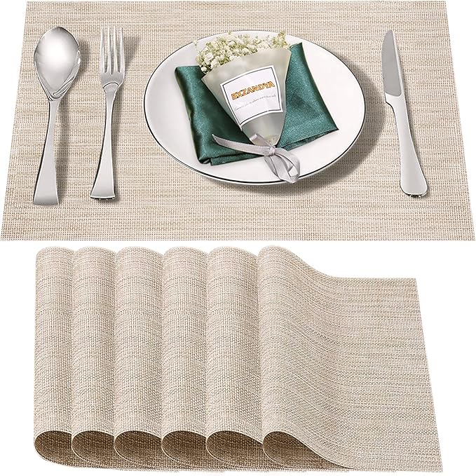 Placemats Set of 6,Washable,Heat and Stain Resistant Indoor/Outdoor Place mats,Vinyl Woven Non Slip Table Mats for Restaurant Table Protection,PVC Placemats(Beige White,6PCS)