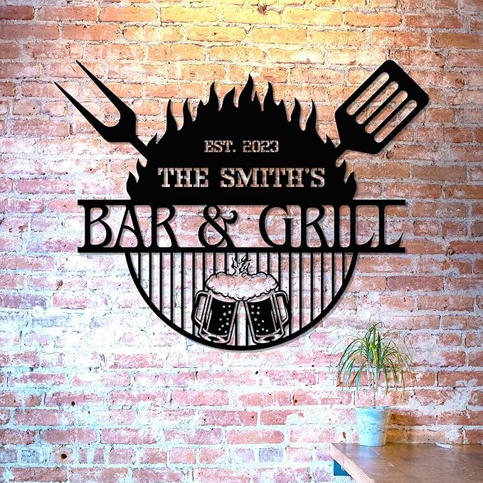 Custom Bar LED Sign - Personalized BBQ Sign, Beer Metal Wall Art, 16-Color LED with Remote Control, Light Up Grill Decor for Patio, Home Bar, Backyard BBQ Decorations