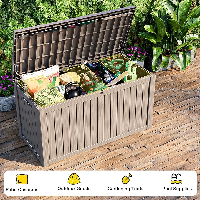 EasyUp 180 Gallon Outdoor Deck Box Waterproof, UV Resistant Resin Outdoor Storage Box with Hydraulic Rod for Delivery, Porch, Patio and Garden, Gray