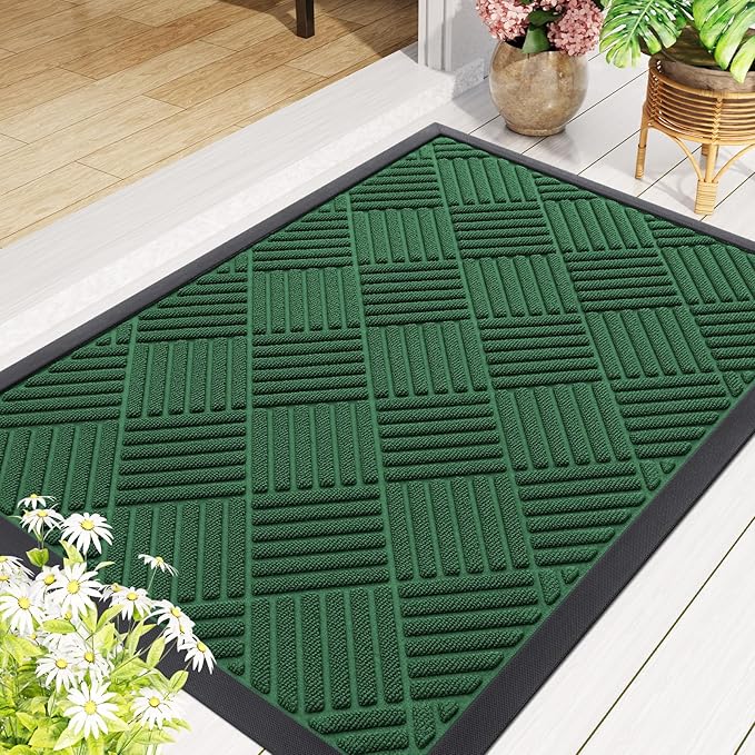 Smiry Front Door Mat Outside Entrance, Heavy Duty Outdoor Indoor Natural Rubber Doormat, Non Slip, Trap Dirt and Moisture, Easy Clean, Low Profile Patio Porch Entryway Mat, 71x23, Green