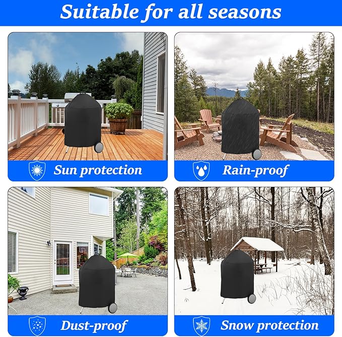 Round BBQ Grill Cover for 18 Inch Charcoal Grills Waterproof, Fade Resistant, UV Resistant Kettle BBQ Grill Cover with Hook & Loop Strap, Dome Smoker Cover, Black (18in)