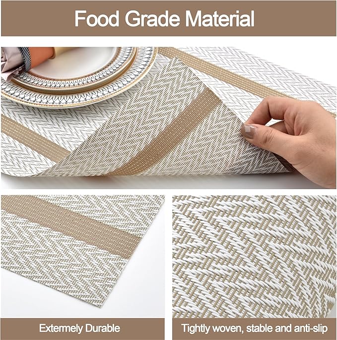 SLKQG Beige White Placemats Set of 6 - Easy Clean Modern Durable Washable Vinyl Place Mats - Heat Resistant Placemats for Kitchen Table - PVC Table Mats for Dining Table (Beige White with Stripes, 6)