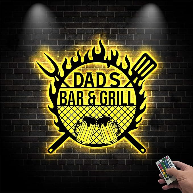 Custom BBQ Sign with LED Lights - Bar & Grill Metal Wall Art, Neon Light Up Grill Sign, Personalized BBQ Gifts For Men, Dad, Custom Metal Sign for Garage, Bar, Kitchen