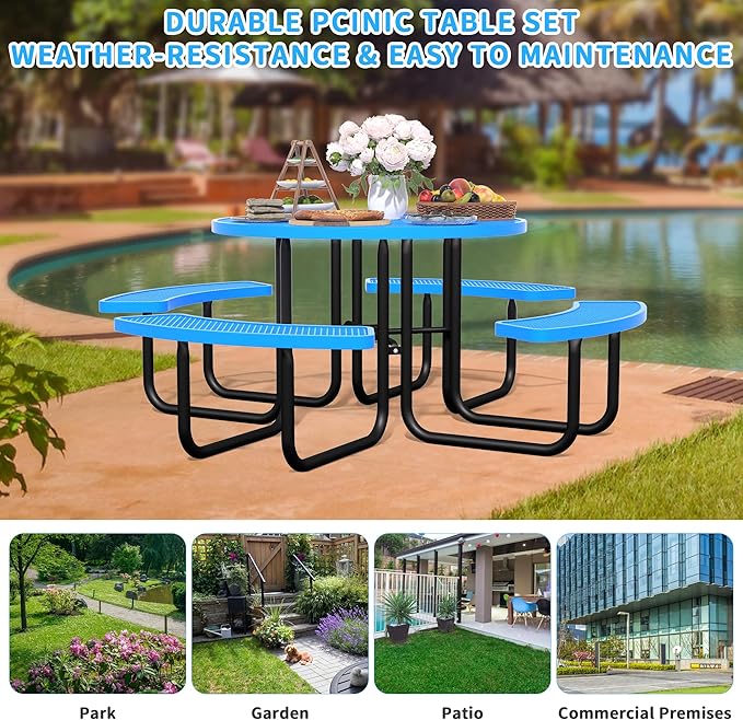 46'' Round Metal Picnic Table for Outdoors, Commercial Steel Metal Picnic Tables, Heavy Duty Sturdy Picnic Tables Furniture Set for Patio Garden Courtyard BBQ, with Umbrella Hole, Blue