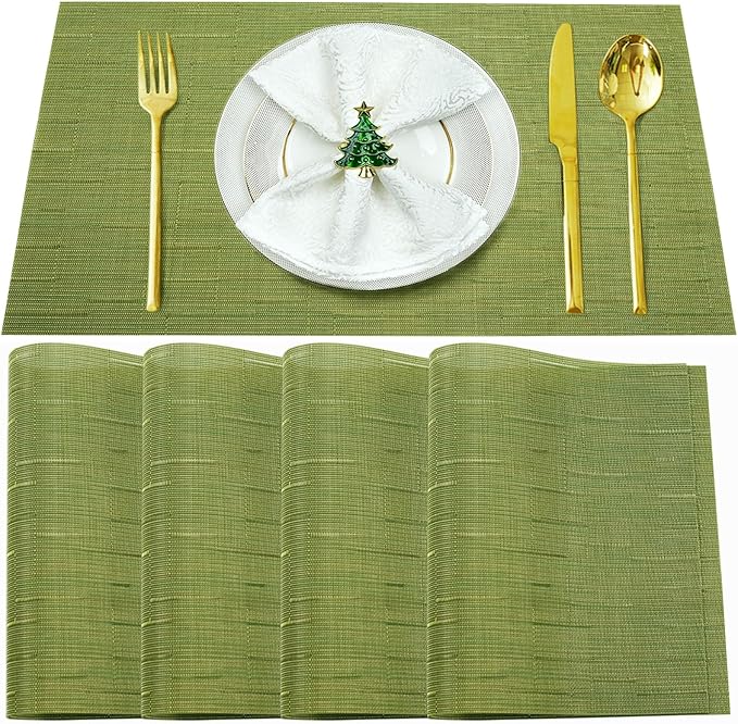 Placemats Set of 8,Washable, Vinyl Woven Non Slip Table Mats for Restaurant Table Protection, PVC Table Placemats (A-Green, 4PCS 12" Wx18 L)
