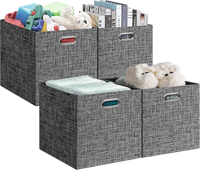 Posprica 13x15x13in Collapsible Storage Bins, Fabric Foldable Cube Storage Boxes, Decorative Storage Baskets Organizer for IKEA Kallax, Shelves, Closet, Clothes, Toy, Set of 4-Black