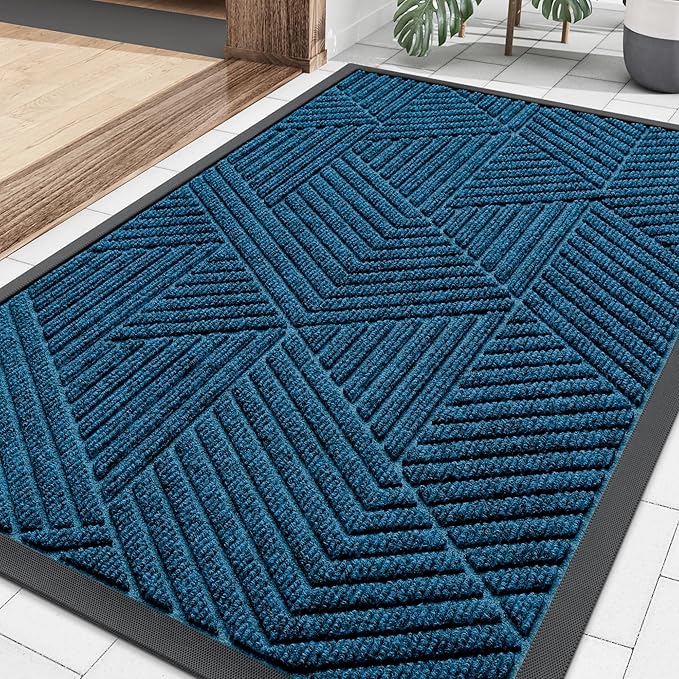 Smiry Front Door Mat Outside Entrance, Heavy Duty Sturdy Natural Rubber Doormat, Trap Dirt and Moisture, Easy Clean Low Profile Mats for Indoor Outdoor Entry, Irregular Triangle (36x24, Mixed Blue)