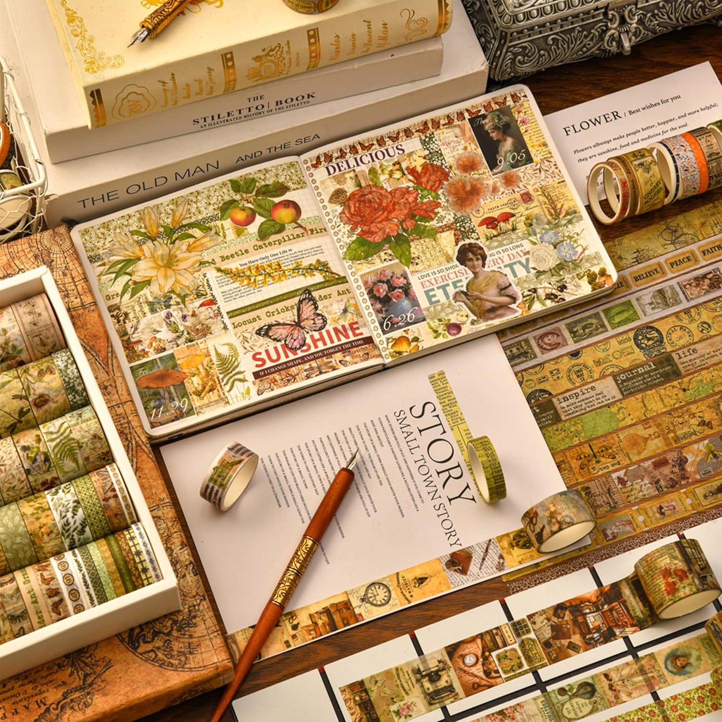 36 Rolls Vintage Washi Tape Pack Retro Arts Adhesive Tapes Wide Chronicle Decorative Masking Tape Sets for Craft, Kids, Scrapbook, DIY, Gift Wrapping (Forest Praise)