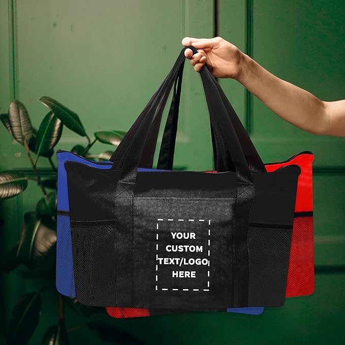 DISCOUNT PROMOS 10 Zippered Non-Woven Tote Bags Set - Customizable Text, Logo - Mesh Pocket, Zippered, Recyclable, Reusable - Black - 19"X14"X3", with Zipper