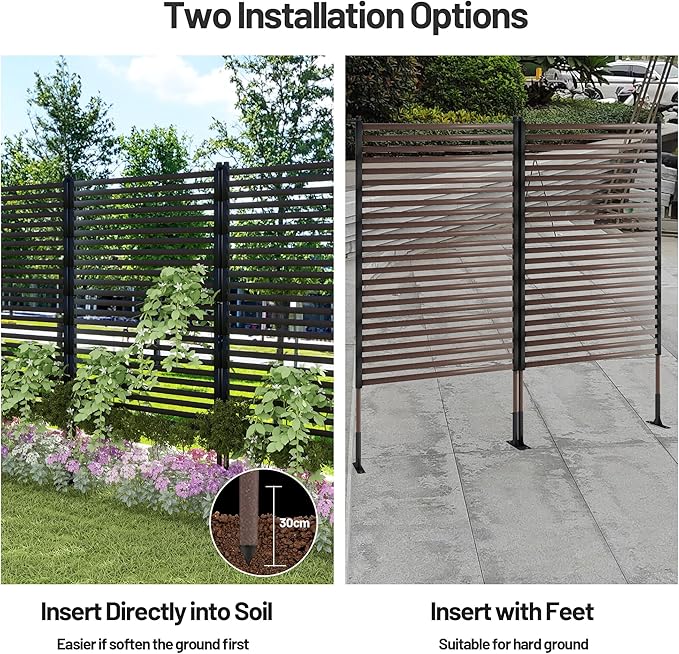 Outdoor Privacy Screen Fence with Feet Stand 3FT x 6FT, Freestanding Fence Privacy Screen for Outside, Metal Pipes and Slats Panels Divider Stake for Garden Patio Balcony Backyard Brown