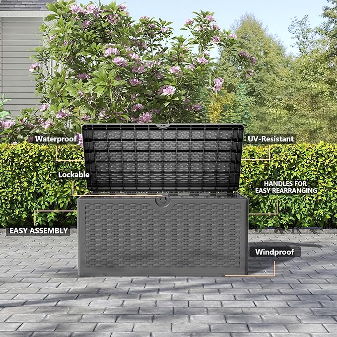 80 Plus Gallon Resin Deck Box, Waterproof Outdoor Storage Box for Patio, Poolside, and Garden, Lockable UV-Resistant Storage Bin Bench Cabinet for Small Spaces, Black