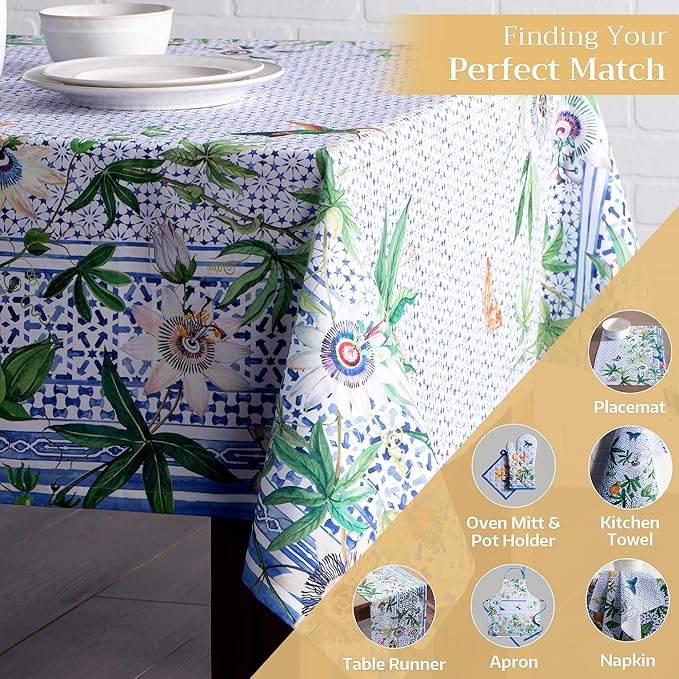 Maison d' Hermine Table Cloth Rectangle Table 100% Cotton 60 x 108 Inches Tablecloth Reusable Decorative for Dining Room, Farmhouse, Home, Party, Festive & Wedding Spring Summer - Passiflora