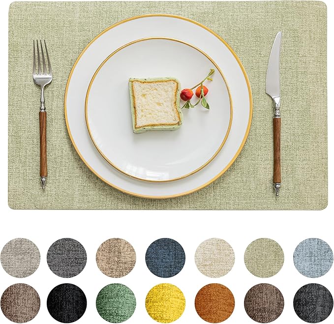 Romanstile Vinyl Placemats Set of 4-12 X 17 Inch - Heat Resistant Place Mats 100% Waterproof Oilproof Wipeable Reversible Faux Leather Table Mats for Kitchen, Dining, Party, Outdoor, Grass Green