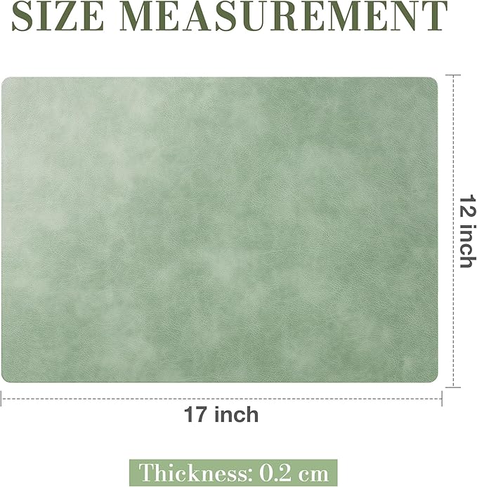 Roxifina Faux Leather Placemats Set of 4 - Vinyl Placemats Wipeable Waterproof Oil-Proof PU Place Mats Heat Resistant Reversible Table Mats for Dining, Kitchen, Outdoor, 12 x 17 Inch (Green)