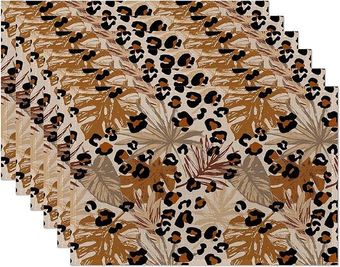Black Brown Leopard Placemats Set of 6,Tropical Palm Leaves Place Mats Heat Resistant Washable Non-Slip Table Mats for Party Kitchen Dining Decor 12x18 Inch