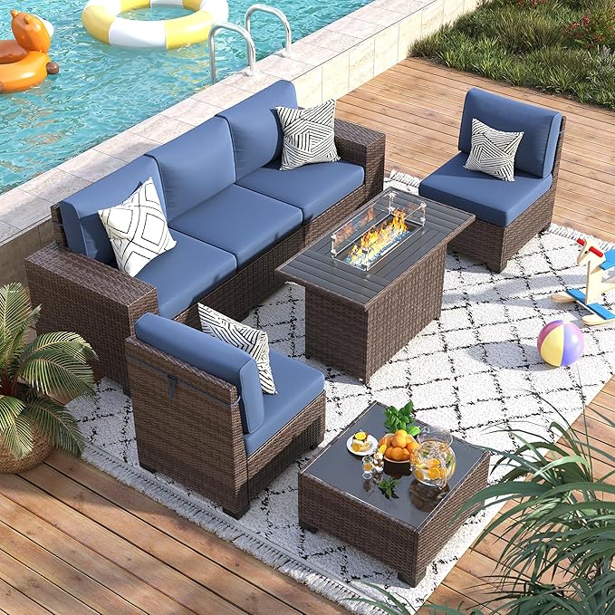7 Piece Patio Furniture Set with Fire Pit Table, Outdoor Conversation Sets Wicker Rattan Sectional Sofa with Coffee Table, 4'' Thickened Cushion Navy Blue (Include Waterproof Cover)