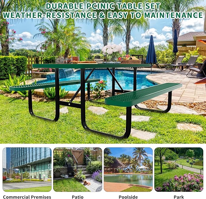 6FT Rectangular Metal Picnic Table for Outdoors, Commercial Steel Metal Picnic Tables, Heavy Duty Sturdy Picnic Tables Furniture Set for Patio Garden Courtyard BBQ, with Umbrella Hole, Green