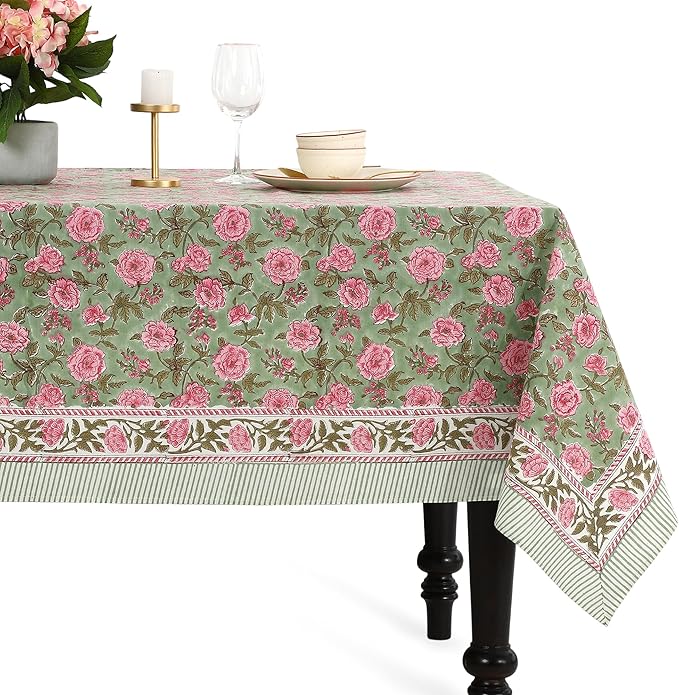CPC Tablecloth 100% Cotton 72x140 Inch Indian Block Print Rectangle Table Cover, Pink Table Cloth for Weddings, Spring/Summer, Barbeque - Pink Tourmaline