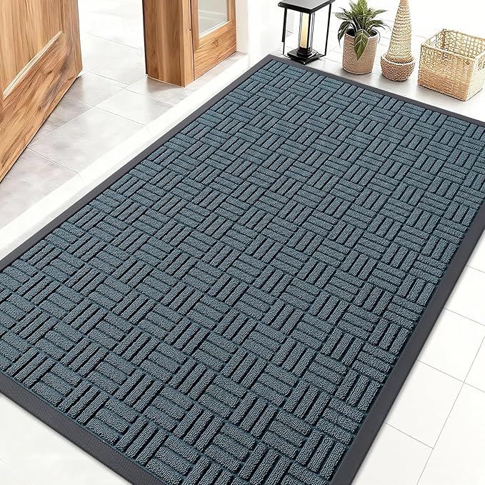 OLANLY Front Door Mat Outside Entrance 47x32, Absorbent, Heavy Duty Sturdy Natural Rubber Doormat Indoor Outdoor, Non-Slip, Stain and Fade Resistant, Low Profile Floor Mat for Entryway, Lake Blue